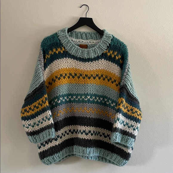 POL Sweaters - POL Chunky Knit Multicolor Sweater Fair Isle Teal Blue Yellow Stripe